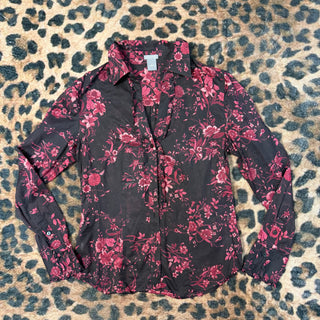 black floral blouse, sheer floral top, red and black button down blouse, romantic floral blouse, vintage inspired top, long sleeve sheer blouse, statement floral shirt, women’s chic blouse