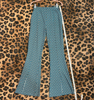 Nasty Gal pants size 2, geometric flare pants, high waisted flare pants, retro flare pants, statement pants women, teal printed pants, festival flare pants, pre-loved Nasty Gal
